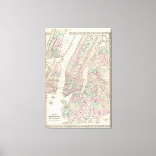 kaart van NYC en Brooklyn (1865) Canvas Afdruk