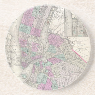 kaart van NYC en Brooklyn (1866) Zandsteen Onderzetter