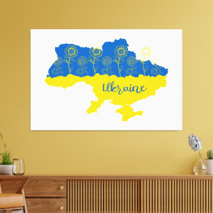 Kaart van Oekraïne met zonnebloem en Oekraïense vl Canvas Afdruk