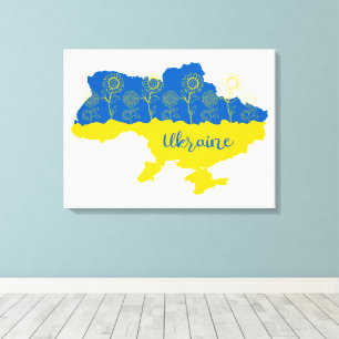 Kaart van Oekraïne met zonnebloem en Oekraïense vl Canvas Afdruk