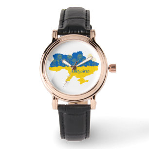 Kaart van Oekraïne met zonnebloem en Oekraïense vl Horloge