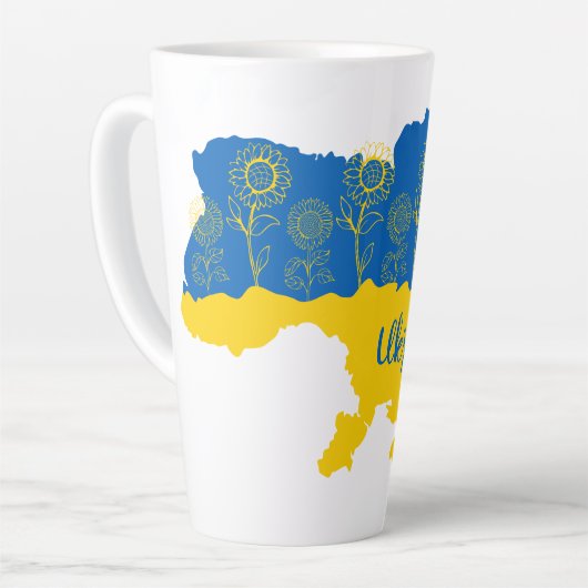 Kaart van Oekraïne met zonnebloem en Oekraïense vl Latte Mok (Linkerhoek)
