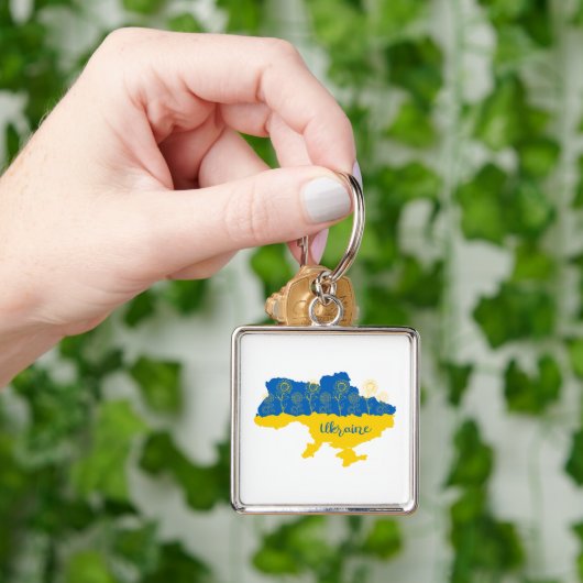 Kaart van Oekraïne met zonnebloem en Oekraïense vl Sleutelhanger (Hand)