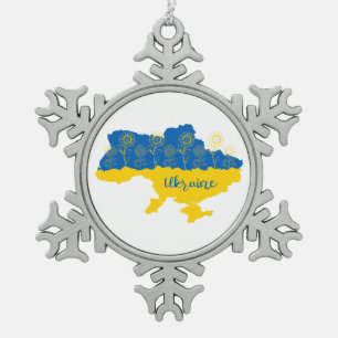 Kaart van Oekraïne met zonnebloem en Oekraïense vl Tin Sneeuwvlok Ornament