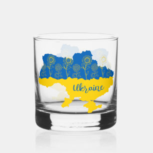 Kaart van Oekraïne met zonnebloem en Oekraïense vl Whisky Glas