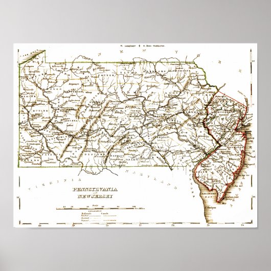 kaart van Pennsylvania+NJ 1875 Poster (Voorkant)