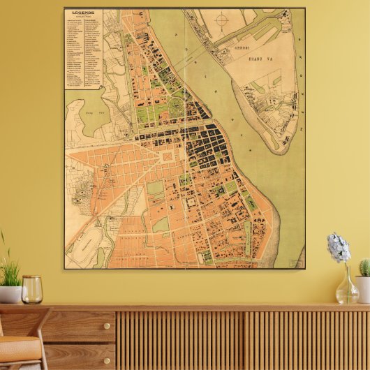 Kaart van Phnom Penh, Cambodja (circa 1920) Canvas Afdruk (Insitu (Woonkamer))