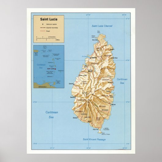 Kaart van Saint Lucia (1991) Poster (Voorkant)