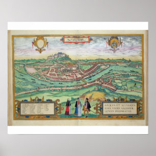 Kaart van Salzburg, uit "Civitates Orbis Terrarum" Poster