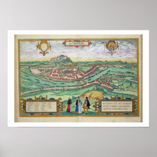 Kaart van Salzburg, uit "Civitates Orbis Terrarum" Poster