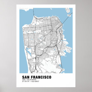 Kaart van San Francisco Poster - California White 