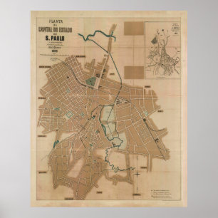 kaart van Sao Paulo Brazilië (1890) Poster