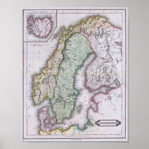 Kaart van Scandinavië, Noorwegen, Zweden, Finland, Poster