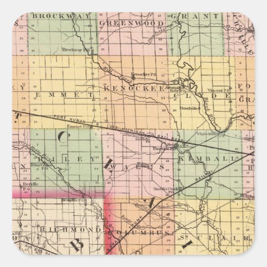 Kaart van St Clair County, Michigan Vierkante Sticker (Voorkant)