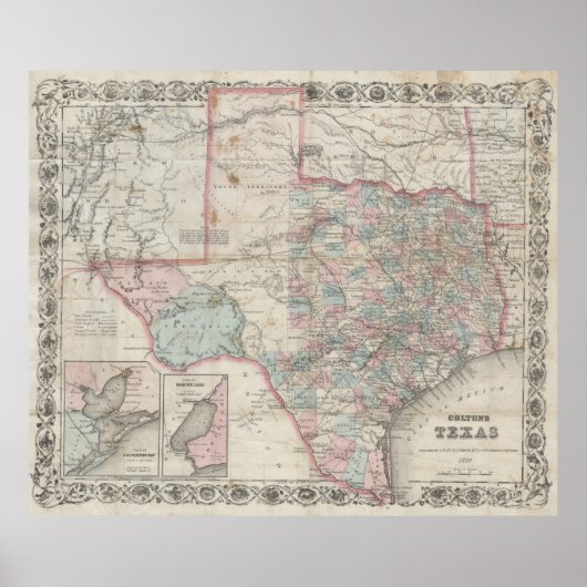  kaart van Texas (1870) Poster (Voorkant)