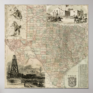 Kaart van Texas met County Borders Poster