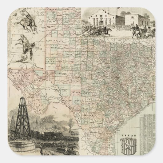 Kaart van Texas met County Borders Vierkante Sticker (Voorkant)