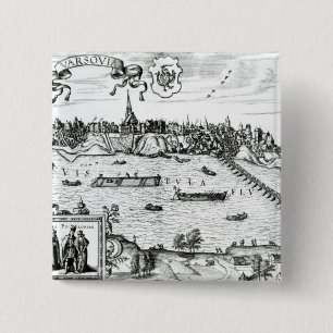 Kaart van Warschau, van "Civitates Orbis Terrarum" Vierkante Button 5,1 Cm