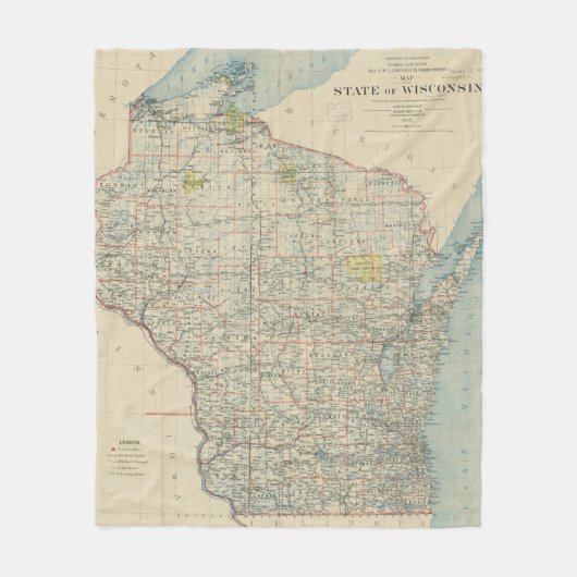  kaart van Wisconsin (1895) Fleece Deken (Voorkant)