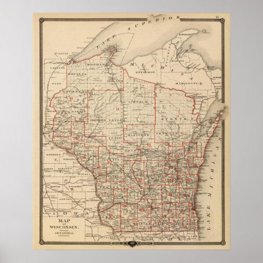 Kaart van Wisconsin met senatoriale districten Poster (Voorkant)