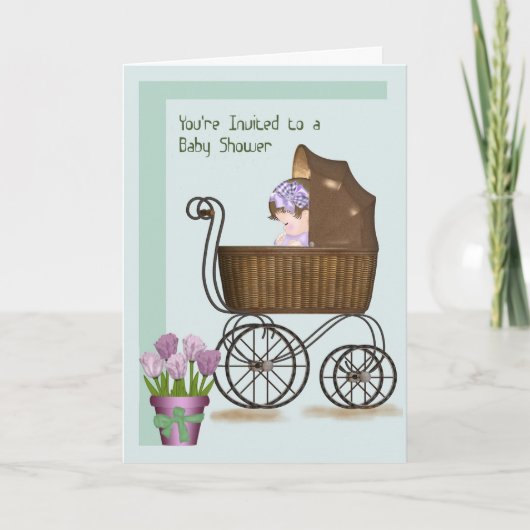 Kaart voor Baby shower met Baby in Retro Pram (Voorkant)