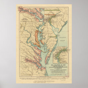Kaart voor de kolonies Virginia en Maryland (1905 Poster