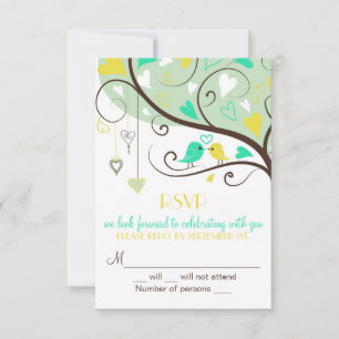 Kaart voor groen en geel vederwild RSVP Wedding In