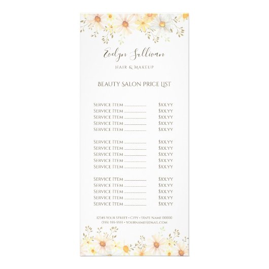 Kaart voor snelle prijslijst (Voorkant)