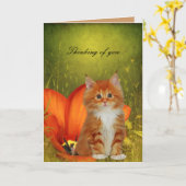 Kaart White Cat Kitten Flowers "Thinking of you" (Gele Bloem)