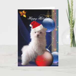 Kaart White Puppy Dog Flowers "Prettige feestdagen