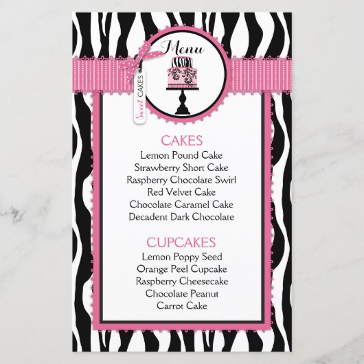 Kaart Zebra Print and Cake Bakery Menu (Voorkant)