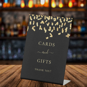 Kaarten cadeaus zwart gouden confetti reclamebord met voetstuk