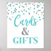 Kaarten en cadeaus baby shower bord blauw zilveren poster (Voorkant)