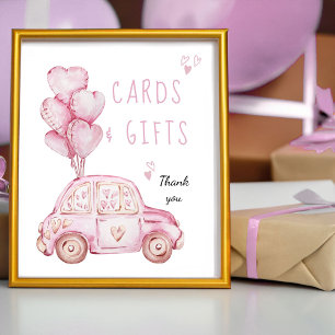 Kaarten en geschenken roze ballonnen en auto verja poster