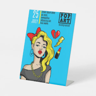 Kaarten in komische stijl reclamebord met voetstuk