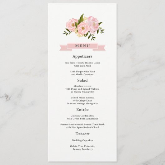 Kaarten van het Blush Pink Peonies Wedding Menu (Voorkant)