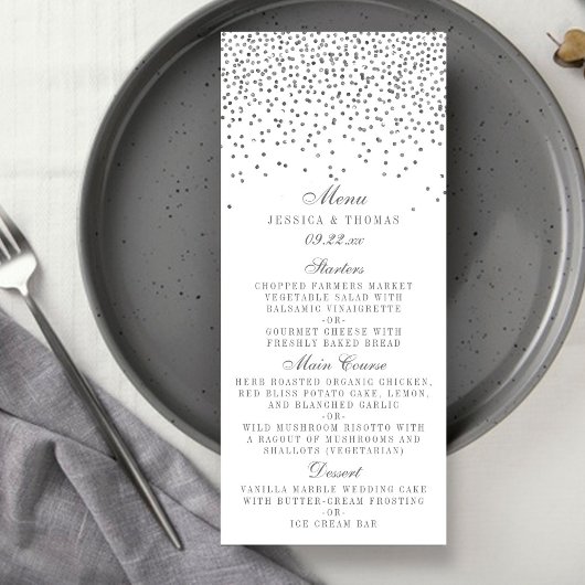 Kaarten van het Glam Silver Confetti Wedding Menu