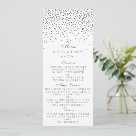 Kaarten van het Glam Silver Confetti Wedding Menu (Staand voorkant)