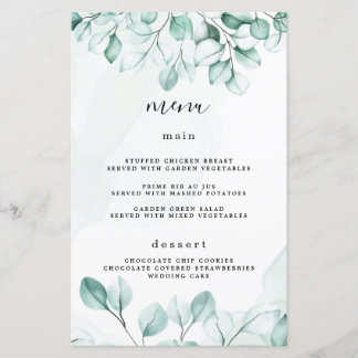 Kaarten van het groene Eucalyptus Wedding Menu