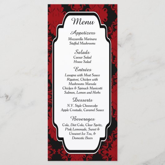 kaarten van het Romantic Red Damask-menu (Voorkant)