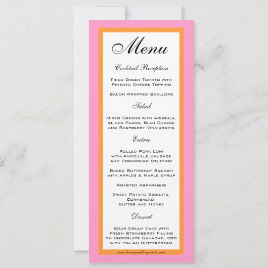 Kaarten van het roze Oranje bruiloft-menu (Achterkant)