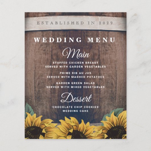 Kaarten van het  Sunflower Wedding Menu Rustic Bar (Voorkant)