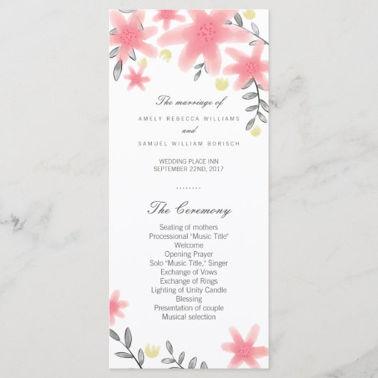 Kaarten van het Whimsy Pink Floral Wedding Program (Voorkant)