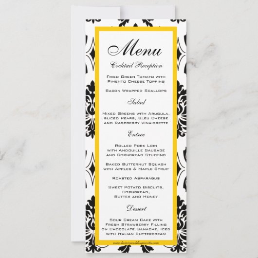 Kaarten van het zwarte Damask Yellow Wedding Menu (Achterkant)