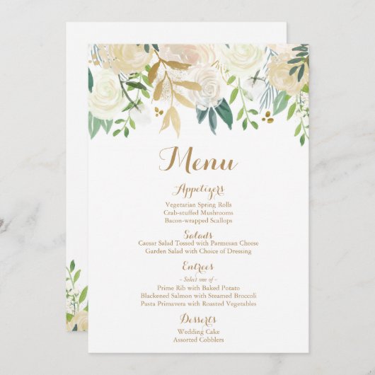 Kaarten voor het menu Gold en White Flower Wedding (Voorkant / Achterkant)