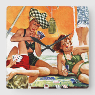 Kaartspel op de strand van Alex Ross Vierkante Klok