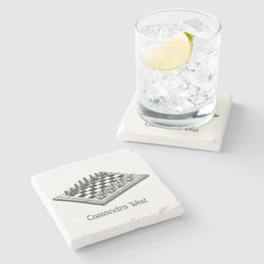 Kaas bord en schaakstukken kunst stenen onderzetter (Zijkant)