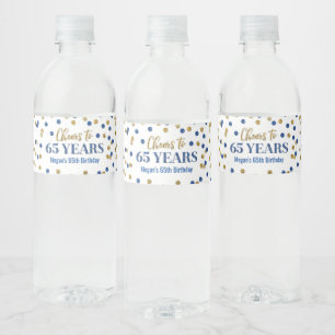 Kaas tot 65 jaar Blauwe Goud Confetti Birthday Waterfles Etiket