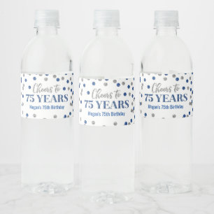Kaas tot 75 jaar Blauwe Zilveren Confetti Birthday Waterfles Etiket