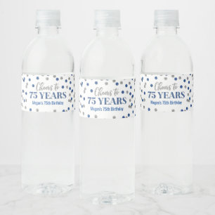 Kaas tot 75 jaar Blauwe Zilveren Confetti Birthday Waterfles Etiket